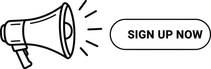  Megaphone with sign up now button vector, online marketing promotion concept, digital advertising announcement, website registration banner, social media campaign illustration