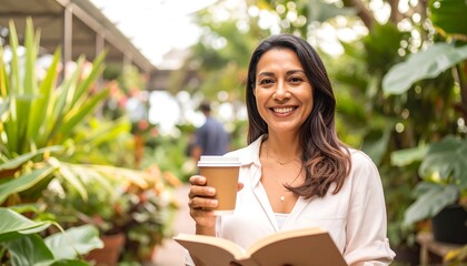 Fototapeta premium Woman enjoying coffee and a book in a garden center