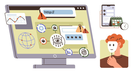Computer screen with warning alerts, malicious spyware, password field, and phishing symbols. Smartphone, task planner, clock, and person holding mask on side. Ideal for online safety privacy