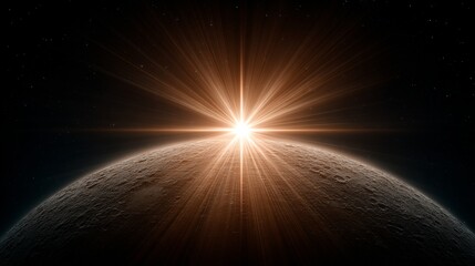 a glowing sun rays across the top of an object resembling a planet, viewed from below