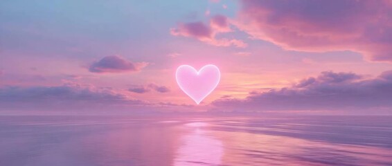 A glowing pink heart floats over a calm ocean at sunset. Surreal and romantic fantasy animation. Vertical video concept of love and emotion - Powered by Adobe