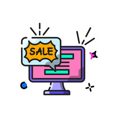 Online Sale Notification on Computer Screen with Speech Bubble and Sparkles Animated Icons Digital Commerce Promotion Concept