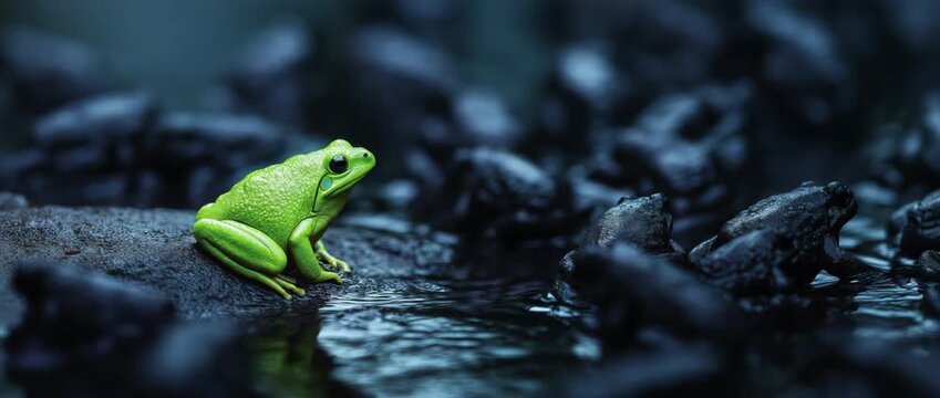 Vertical video of a bright green frog contrasting with a dark background. A lone amphibian sits still by the water. Concept of standing out and individuality