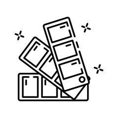 Open color palette swatch book with fan of pages showcasing multiple squares in a simple line art illustration with sparkling accents on a transparent background