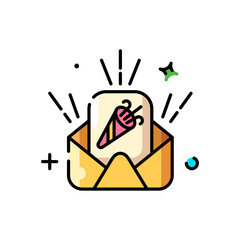 Open Envelope with Festive Invitation Inside Featuring a Party Horn Design on a White Background with Sparkle Accents