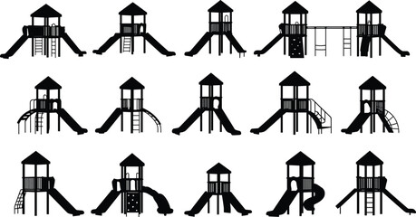 Playground slides vector silhouettes, kids playground equipment icons, park play structures design collection, outdoor recreation set, children activity elements illustration