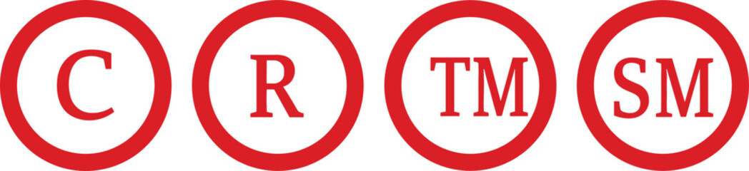Red copyright trademark service mark symbols vector set, legal registration icons collection, intellectual property protection design, business branding and logo security illustration