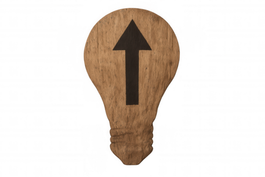 Wooden light bulb icon with an upward arrow symbolizing creative growth, innovation, and idea development