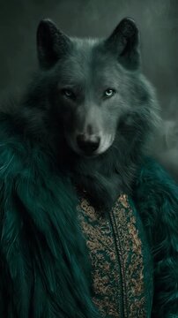 A portrait of an anthropomorphic fantasy wolf character. Cinemagraph of a powerful beast with intense eyes wearing a feathered coat. Dark fairytale and mythology concept