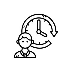 Office worker with clock icon symbolizing work hours and time management illustration in black and white line art style on transparent background