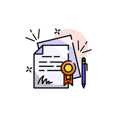 Official Document With Certificate Seal And Pen Illustration On Transparent Background Simple Flat Design