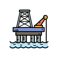 Oil Rig Platform Illustration In Blue Ocean Water With Clear Sky Background And Tower Structure And Crane Arm Detailed Design On Transparent Background