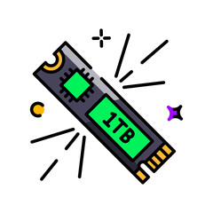 One Terabyte Solid State Drive Storage Device With Green Circuit Board And Yellow Connector Illuminated By Purple And Orange Light Bursts On A Transparent Background