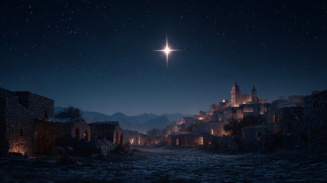 The Star of Bethlehem Shines Over Ancient City &ndash; Nativity Scene & Christmas Story