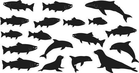 Set of marine animal silhouettes, fish, dolphin, seal, whale vector illustration, ocean wildlife collection, aquatic life design, sea creature icons
