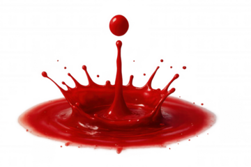 Red liquid droplet forming crown splash and rising column on transparent background with high speed effect