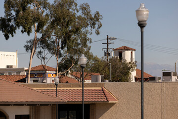 Afternoon view of buildings in downtown Corona, California, USA.