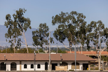 Afternoon view of buildings in downtown Corona, California, USA.