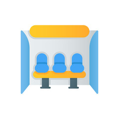 Simple modern flat icon illustration of a bus stop shelter with three blue seats under a yellow roof on a white background
