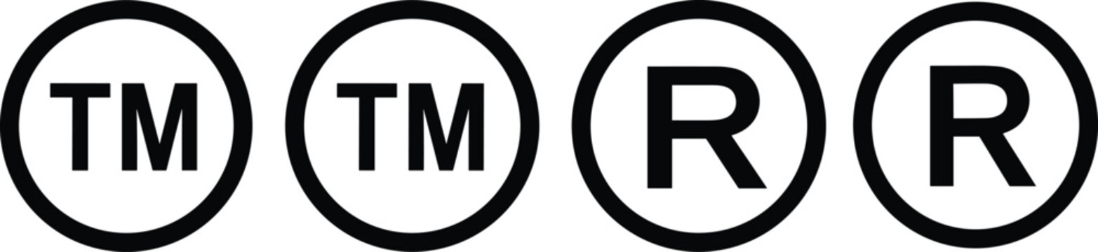  Trademark and registered symbol vector icons set, black circle TM and R logo design illustration, intellectual property, brand protection concept, isolated.