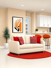 a modern living room with a white sofa and bright red pillows