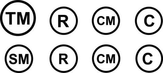 Trademark copyright registered service mark symbol vector illustration, intellectual property protection icons set, legal ownership design concept, business brand identity elements
