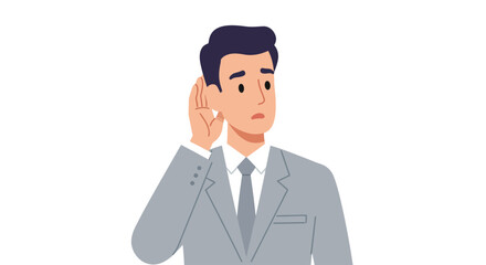 Man in suit listening intently with hand to ear.