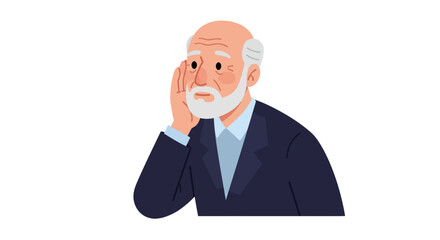 Illustration of an elderly man with hearing difficulties holding his hand to his ear.
