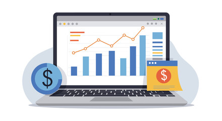 Laptop displaying financial growth chart with coin and calendar icons.