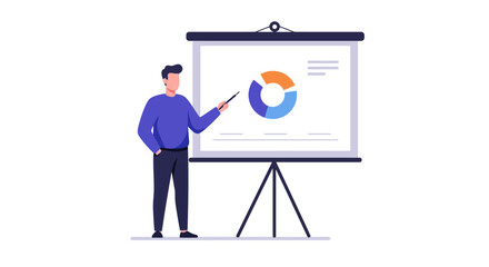 Man presenting a pie chart on a presentation board.