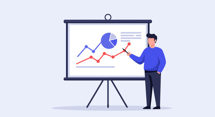 Man presenting data on a projector screen with charts.