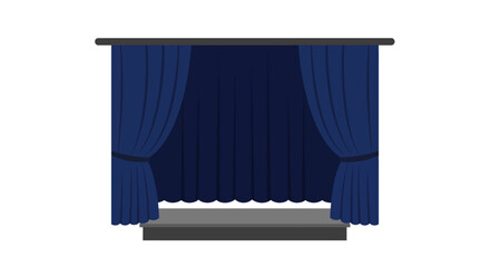 Illustration of a stage with blue curtains and a gray platform.