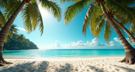 Tropical Paradise: Palm trees frame a pristine, sun-kissed beach, where crystal-clear turquoise waters meet the soft, white sands under a vibrant blue sky.