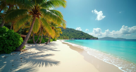 Obraz premium Tropical Paradise: A picturesque view of a tropical beach, boasting pristine white sand and the gentle sway of palm trees under a bright, clear sky, inviting tranquility.