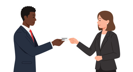 Illustration of a man handing a business card to a woman.