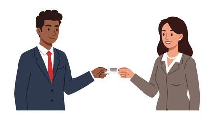 Illustration of a man and woman exchanging a business card.