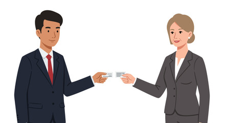 Fototapeta premium Two business people exchanging business cards in a professional setting.