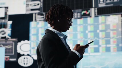 Close up of manager sending business market graphs to shareholders using phone, doing brainstorming. Businesswoman texting financial reports and data charts to business partners using cellphone - Powered by Adobe