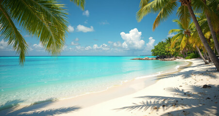 Paradise Beach: A captivating view of a pristine beach unfolds, where azure waters meet powdery white sand, framed by lush green palm trees and a bright blue sky.  It evokes serenity and tranquility.