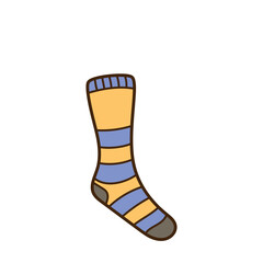 Orange and Blue Striped Knee High Sock with Gray Toe and Heel on White Background Doodle Style