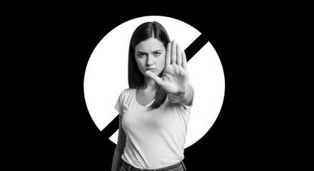 A woman in a white shirt with her hand up in front of a black and white no symbol background image