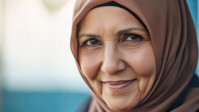 A person wearing a headscarf and scarf for warmth or cultural purposes