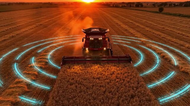 An impressive aerial view of a modern combine harvester working in a vast golden wheat field at sunset perfect for showcasing agriculture, technology, and the beauty of the harvest