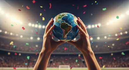 Hands holding a globe soccer ball with confetti falling in a stadium with a crowd of people