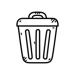 Simple Outline Drawing of a Trash Can With Handle and Lid Black and White Doodle Art on Transparent Background