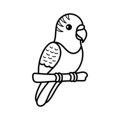 Simple Outline Drawing of a Budgerigar Perched on a Wooden Branch Against a White Background Ideal for Coloring Pages or Graphic Design Elements