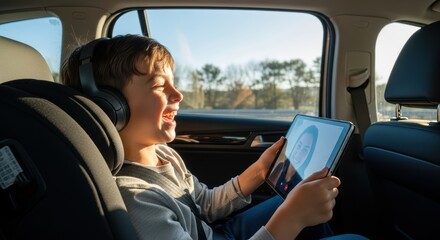A smiling boy wearing headphones video chatting on a tablet in the back seat of a car during daytime