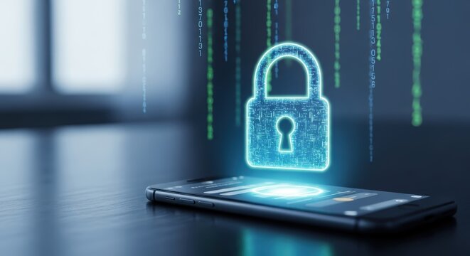 A glowing padlock hovering over a smartphone with binary code falling in the background for data security