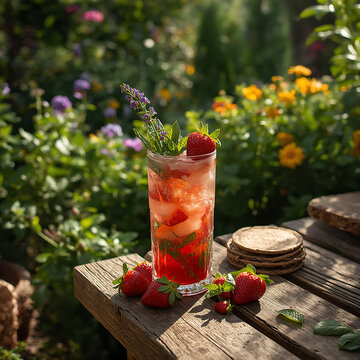 Strawberry Delight: A refreshing, beautifully crafted beverage, brimming with vibrant strawberries, fresh mint, and a sprig of lavender.