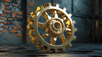 A macro shot showing two interlocking golden mechanical gears, focusing on the meshing mechanism and motion details in 8K precision.